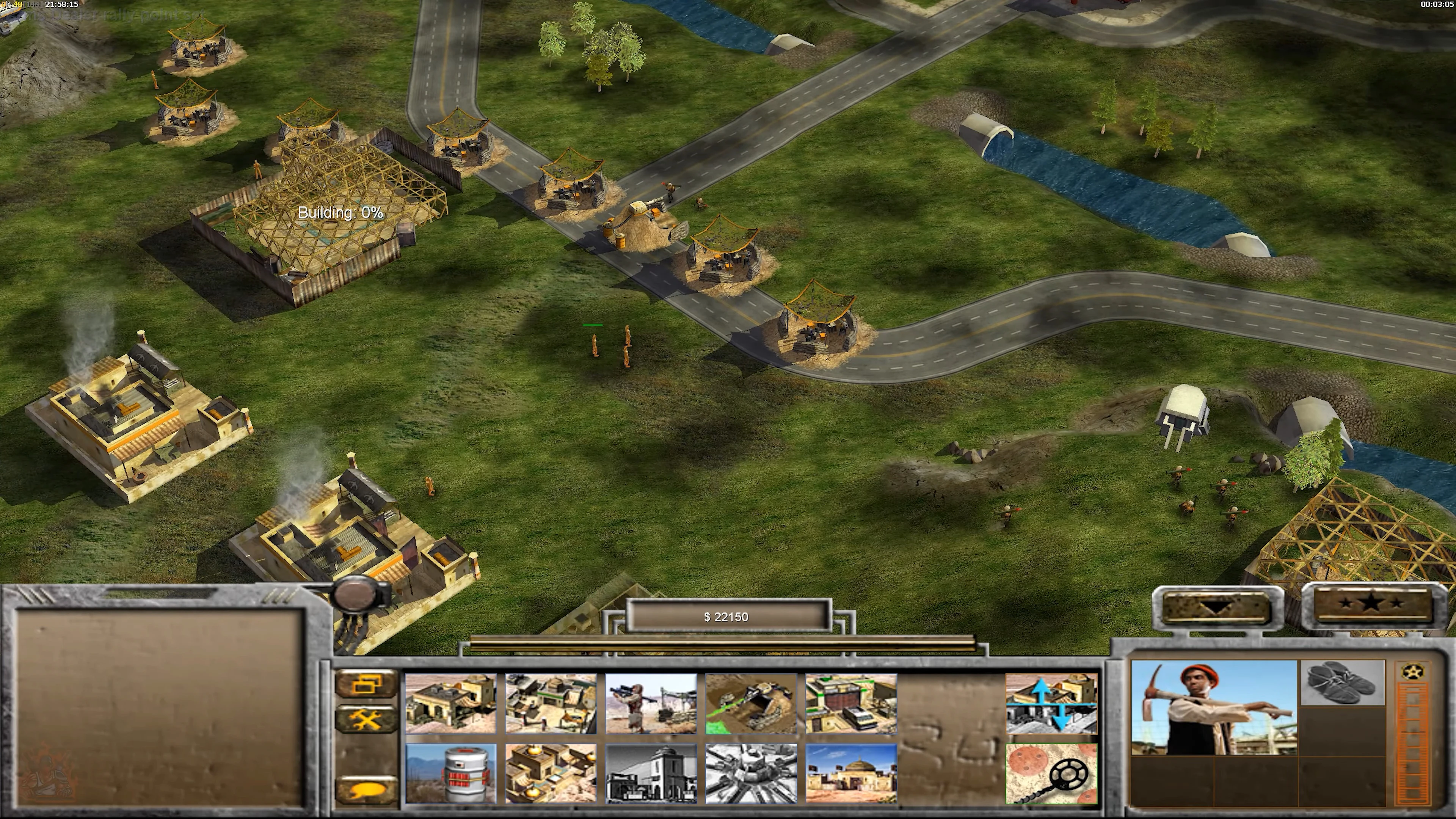 Screenshot of a base under construction with soldiers and defensive huts in a Command & Conquer Generals mod