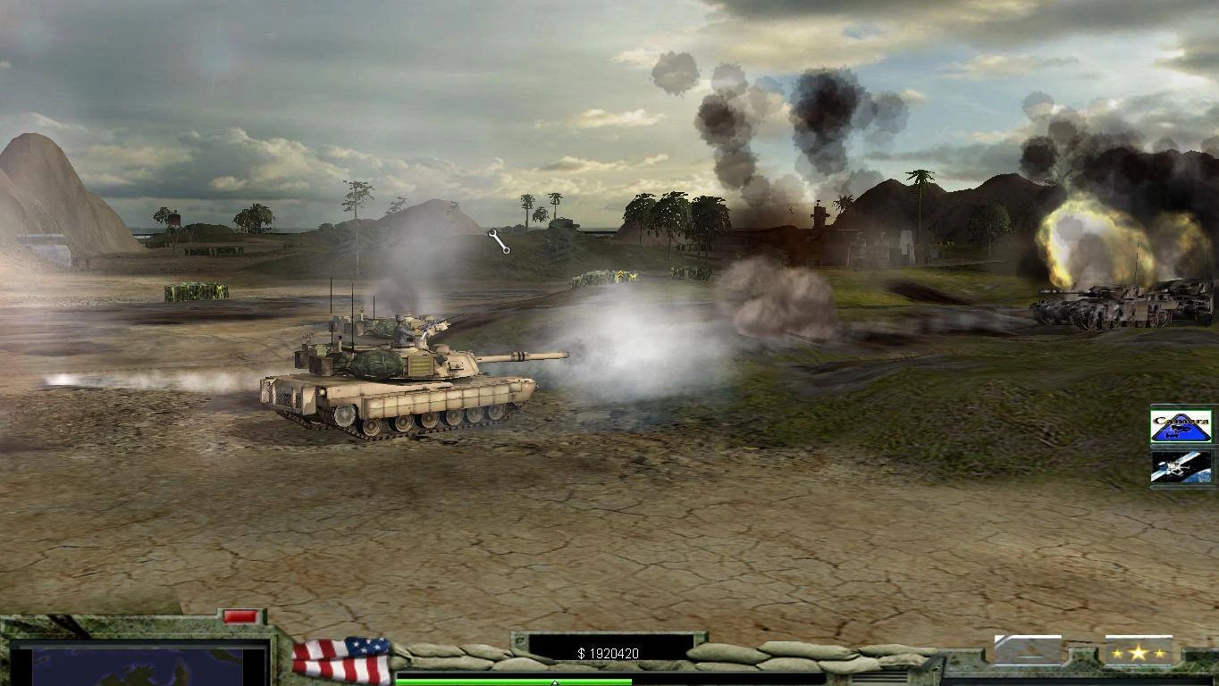 Скриншот танкового боя в пустыне с взрывами, дымом и боевой местностью из мода Command & Conquer Generals
