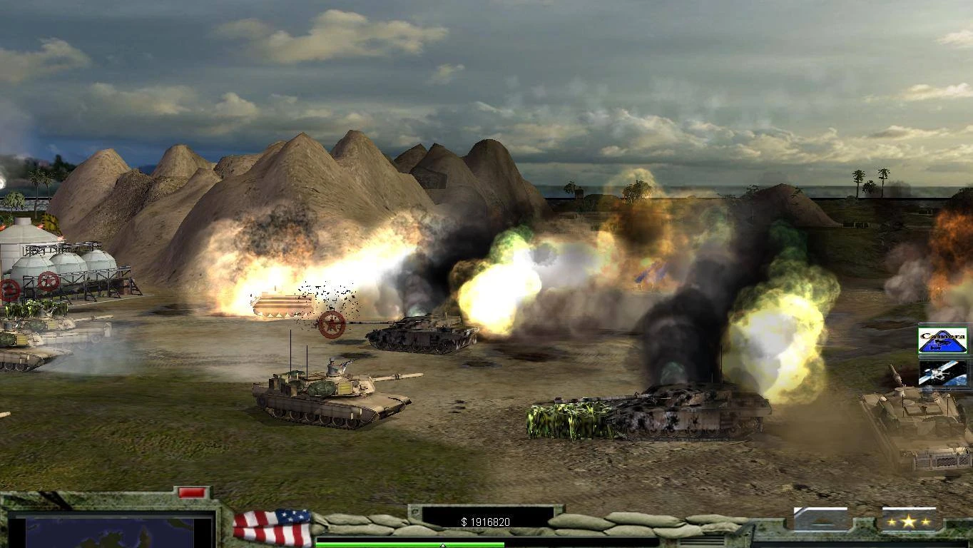 Несколько танков участвуют в ожесточённом бою с взрывами и дымом на пустынном поле битвы из мода Victory or Death для Command & Conquer Generals