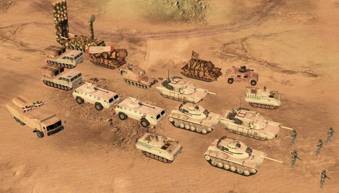 Пустынная местность с танками египетской армии, бронетехникой, ракетными установками и пехотой в моде Command & Conquer Generals