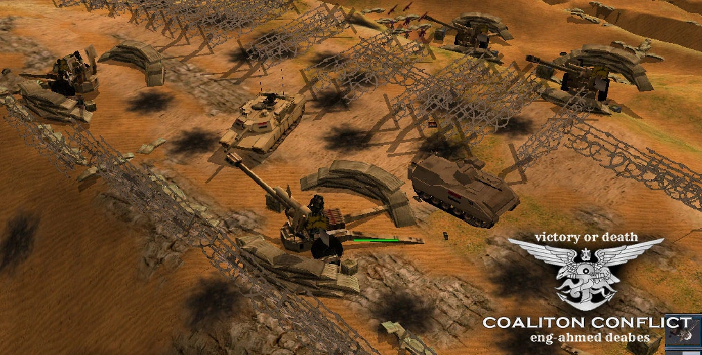 Пустынное поле боя с танками, артиллерией и бронированной техникой за колючей проволокой в моде Command & Conquer Generals