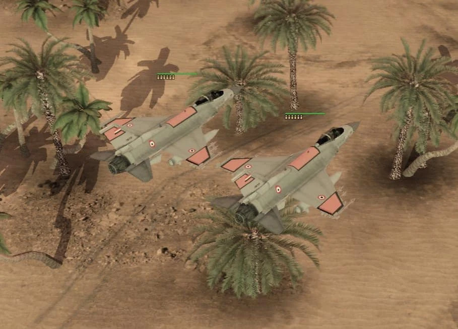 Вид с воздуха на два египетских военных истребителя, летящих над пустынной местностью с пальмами в моде Command & Conquer Generals