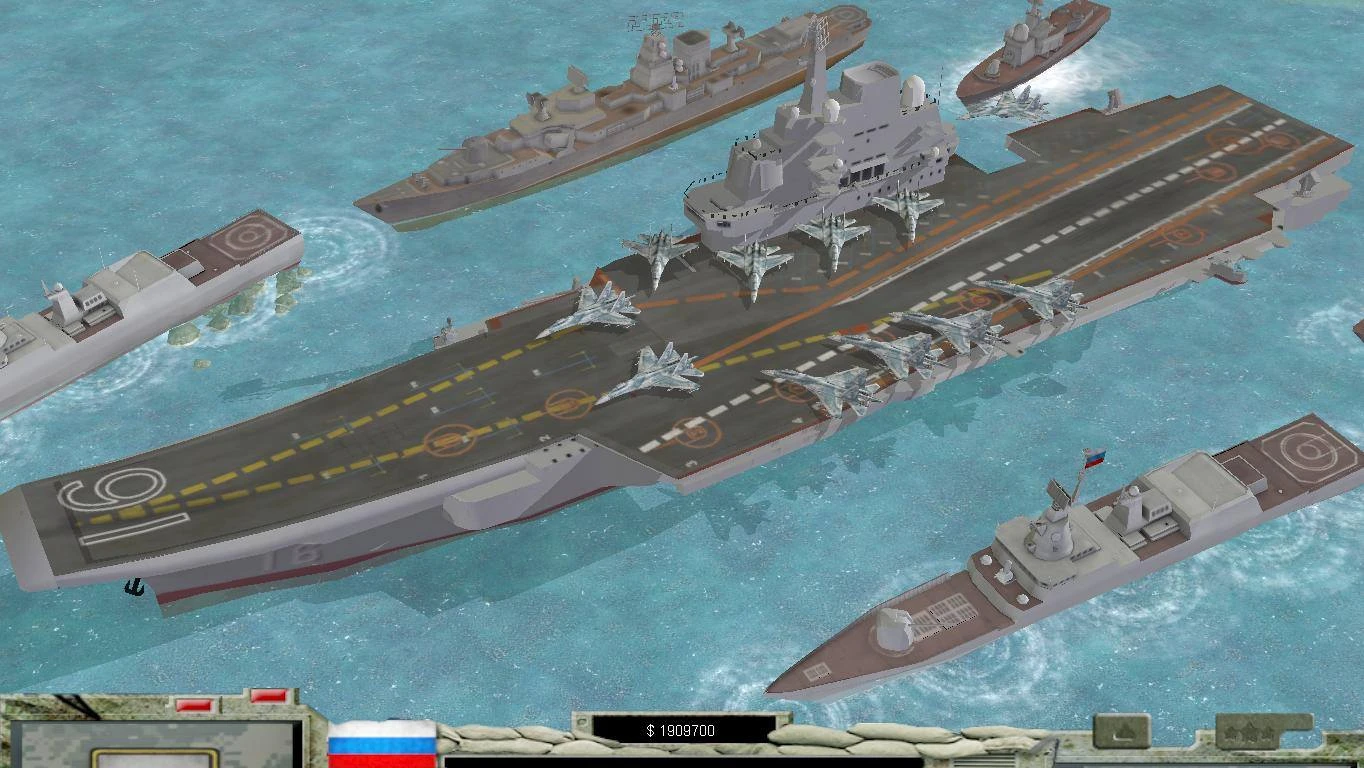 Скриншот игры с большим авианосцем, окружённым военными кораблями и истребителями на воде