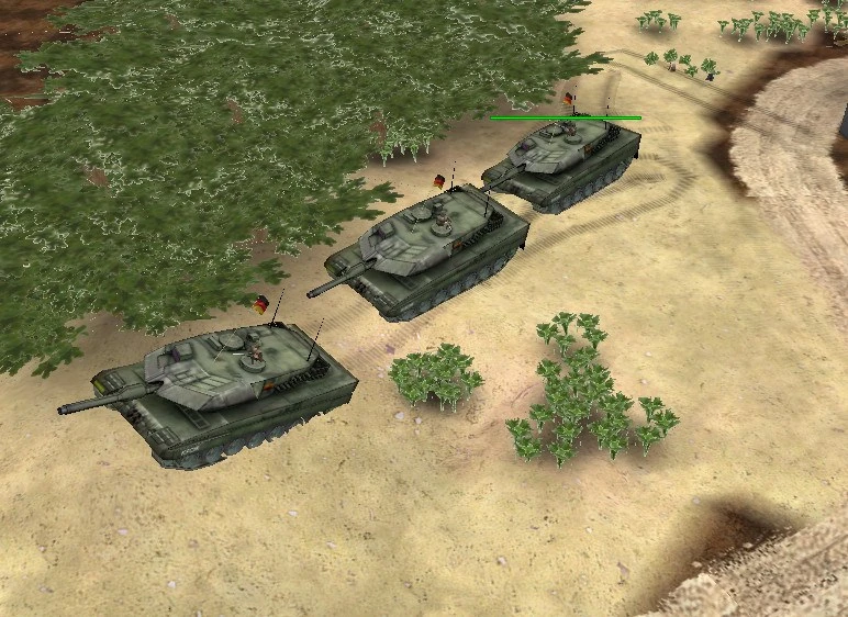 Три военных танка с флагами Германии движутся по пустынной местности с кустами в моде Command & Conquer: Generals