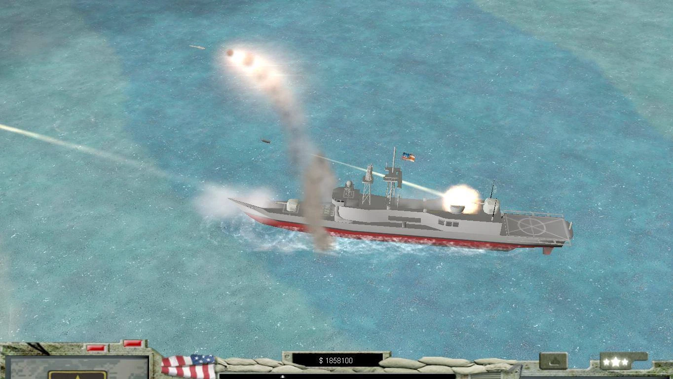 Военный корабль стреляет ракетами и орудиями в морском бою из мода Command & Conquer Generals