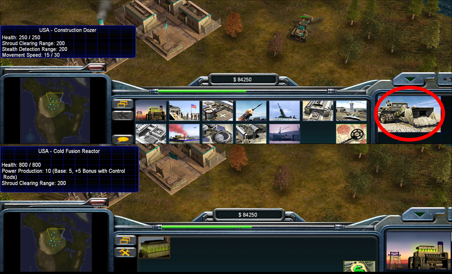 Interfejs gry z wybranym buldożerem USA i jego statystykami w modzie Command & Conquer Generals