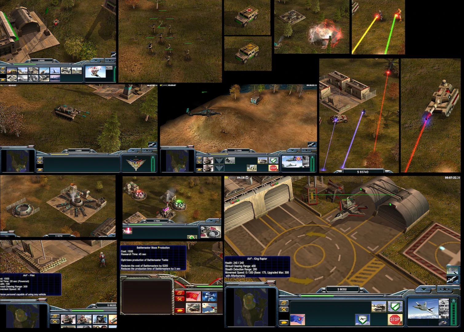 Kolaż z moda Zero Hour - Reborn Omega do Command & Conquer Generals pokazujący piechotę, pojazdy, samoloty i broń laserową w różnych scenariuszach bitwy