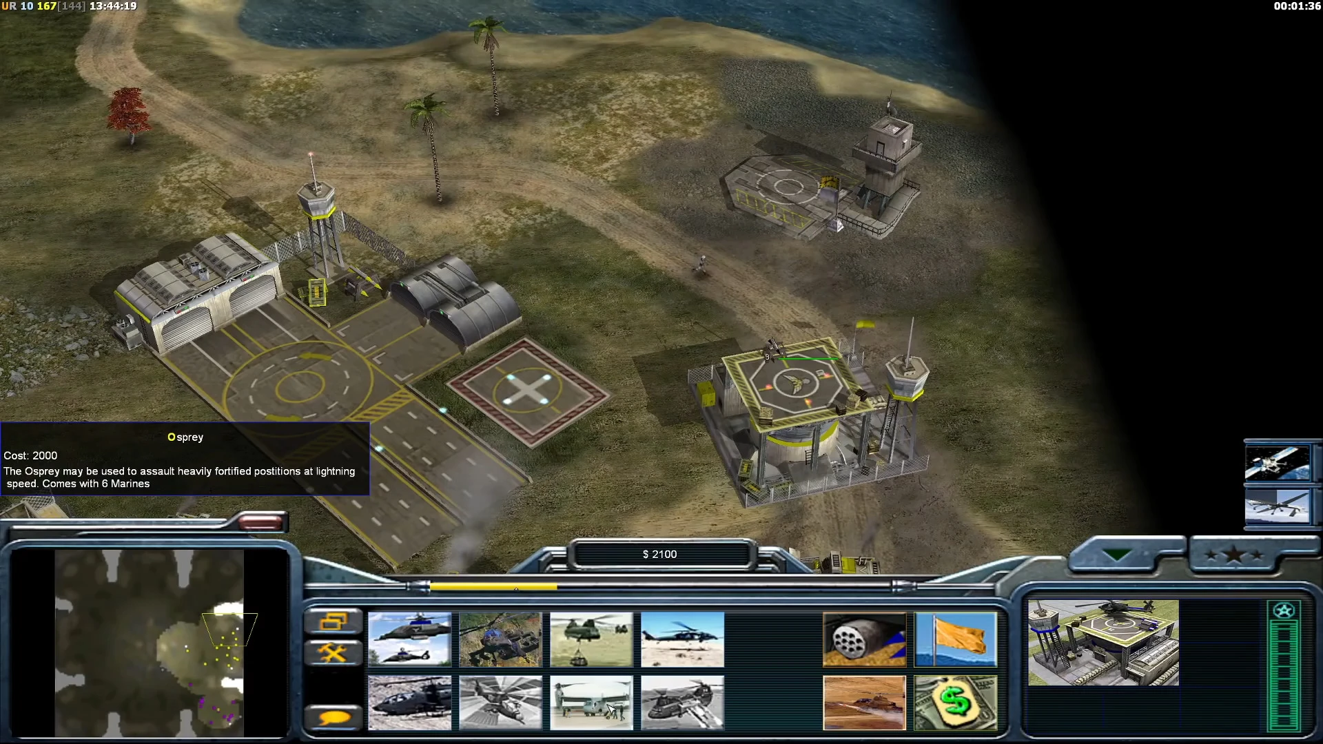 Interfaz del juego mostrando base de helicópteros con plataformas y opciones de construcción en mod Zero Hour Reborn