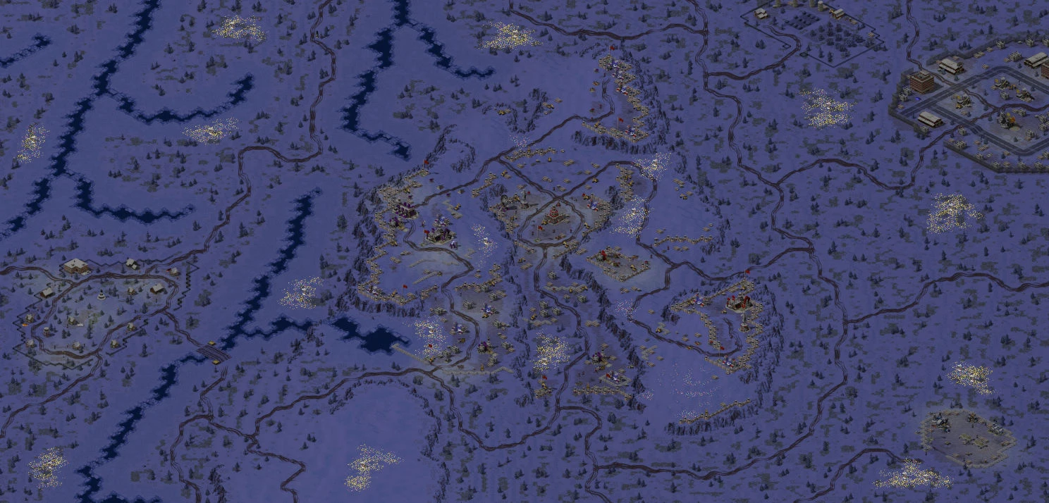 Draufsicht auf verschneites bergiges Gelände mit Straßen, Basen und Einheiten im MadHQ Remastered RA2 Campaign Mod