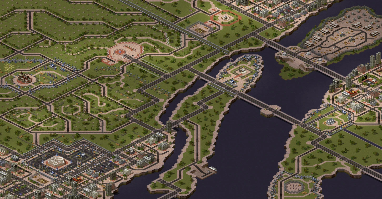 Draufsicht auf eine detaillierte Stadt mit Brücken und Straßen im MadHQ Remastered RA2 Campaign Mod
