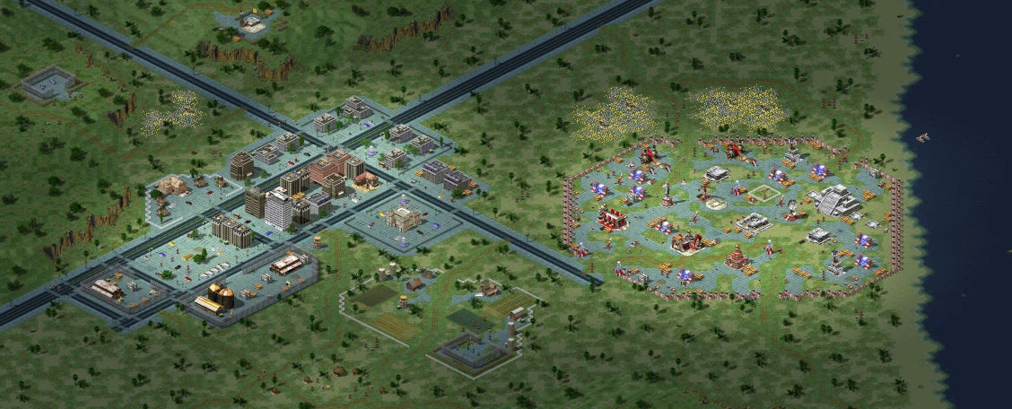Draufsicht auf zwei getrennte Basen mit Gebäuden und Straßen im Command & Conquer Red Alert 2 Mod