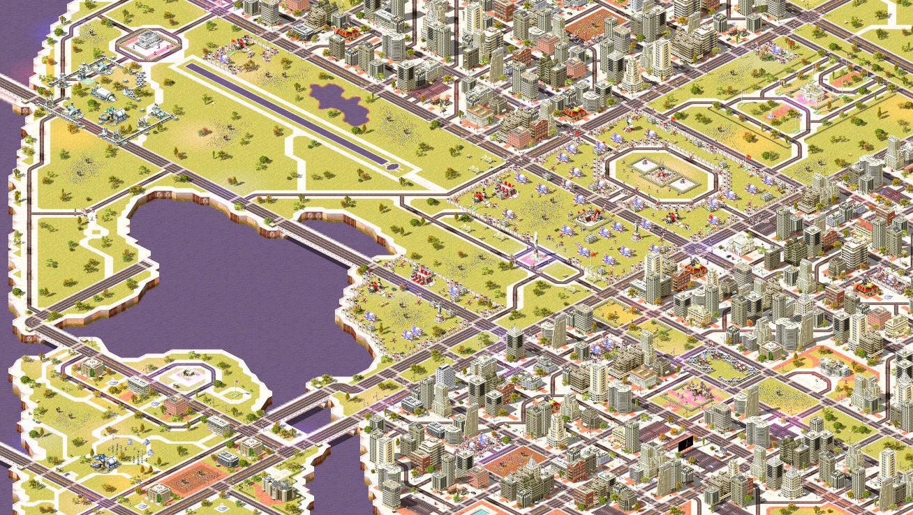 Isometrische Ansicht einer dichten Stadt und Militärbasis mit Straßen, Gebäuden und Verteidigungsanlagen im Red Alert 2 Mod