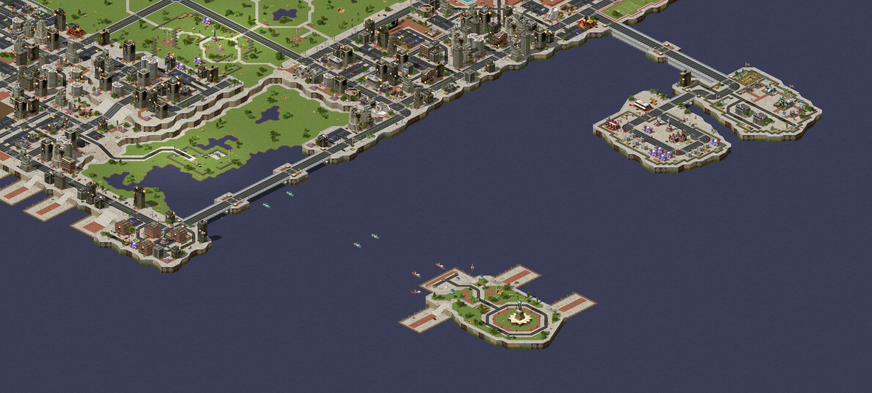 Isometrische Ansicht einer dichten Stadt, Brücken und kleinen Inseln mit Militäreinheiten im MadHQ Remastered RA2 Campaign Mod