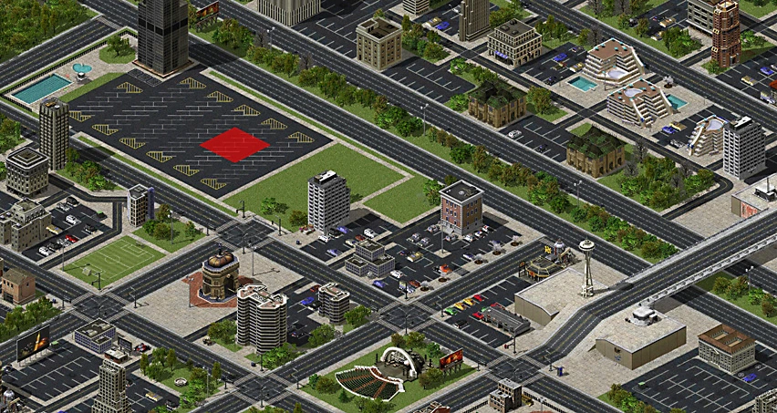 Vista isométrica de una cuadrícula urbana con calles, edificios, aparcamientos y campo deportivo en el mod Scorched Earth de Command & Conquer Red Alert 2