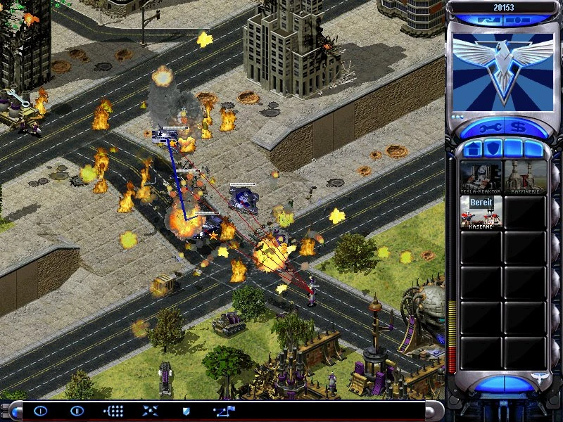 Вигляд зверху на поле бою з юнітами, що обмінюються лазерним вогнем і вибухами в моді Command & Conquer Red Alert 2