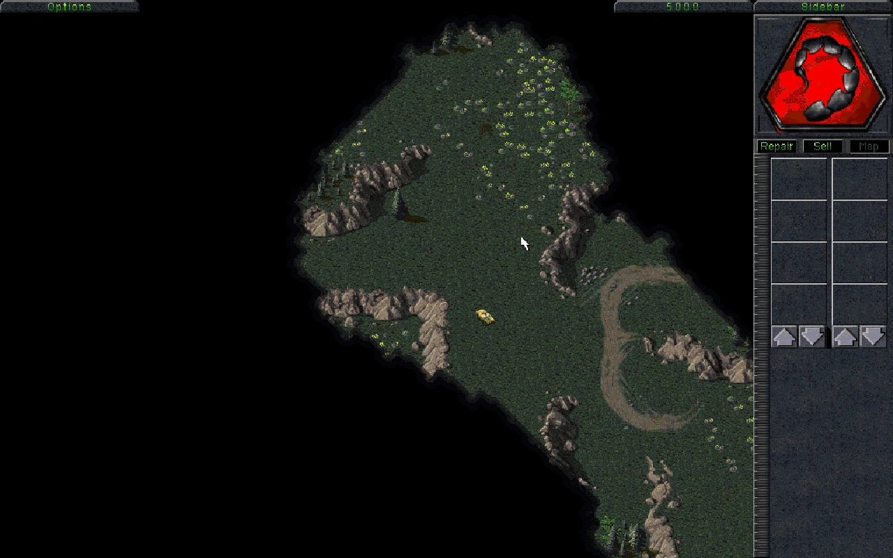 Скриншот карты с лесистой местностью в Command & Conquer Tiberian Dawn с интерфейсом и сайдбаром