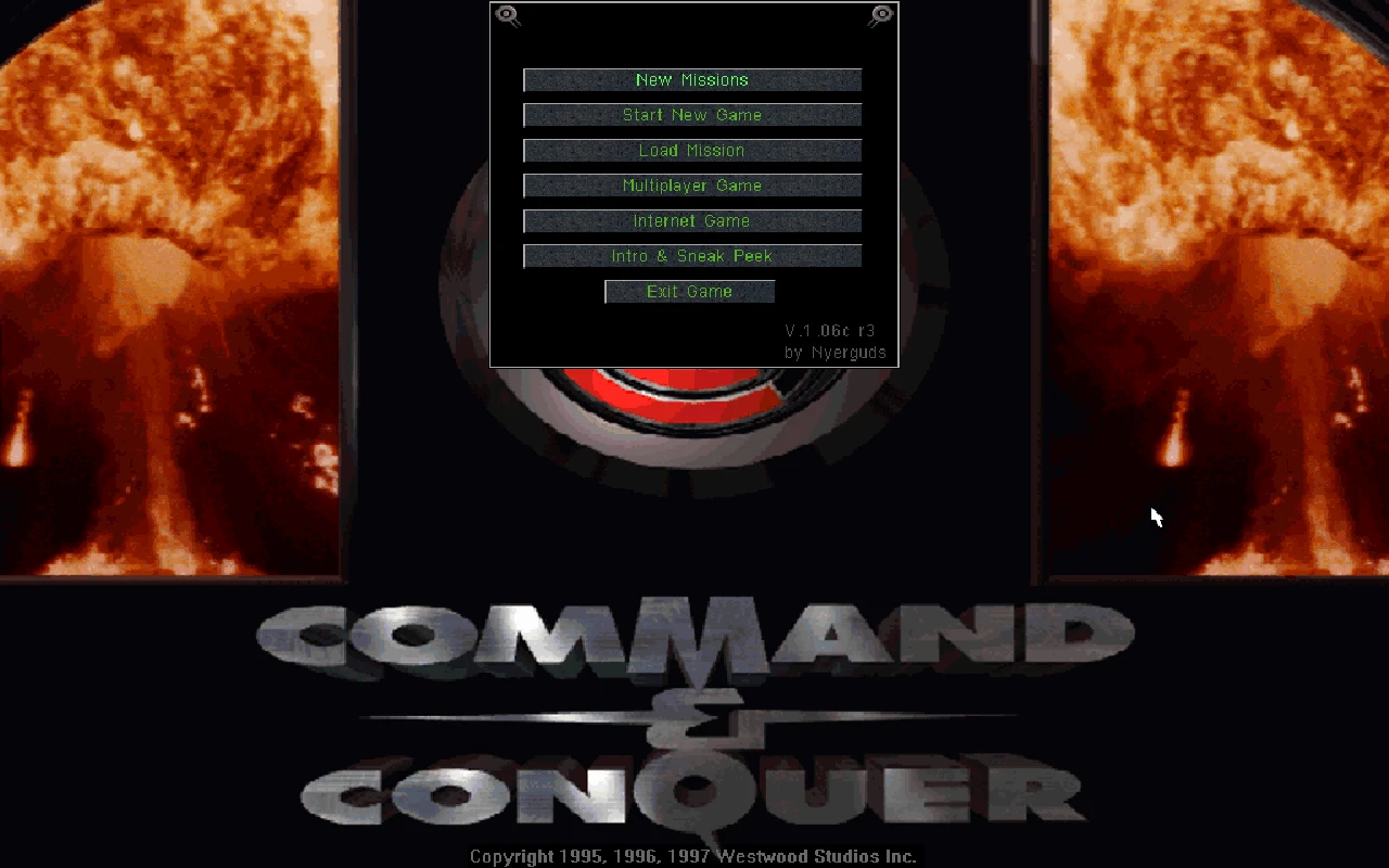 Скриншот главного меню Command & Conquer с опциями Новые миссии, Мультиплеер и Выход, версия неофициального патча