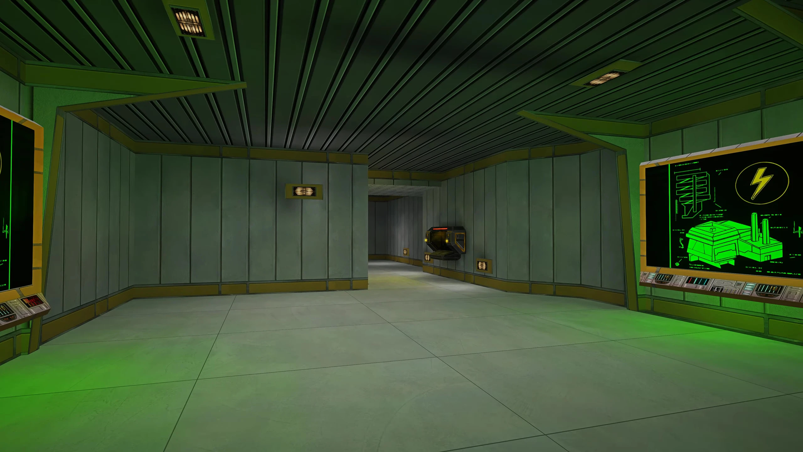 Сучасний зелено-сірий коридор із світними моніторами та схемами енергії в моді RenHD для Renegade