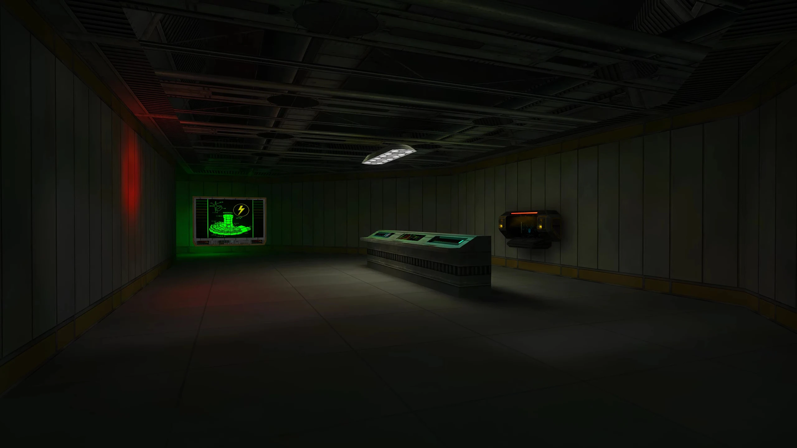 Інтер'єр слабо освітленої футуристичної кімнати управління з великою консоллю та світлодіодним зеленим монітором із символом енергії