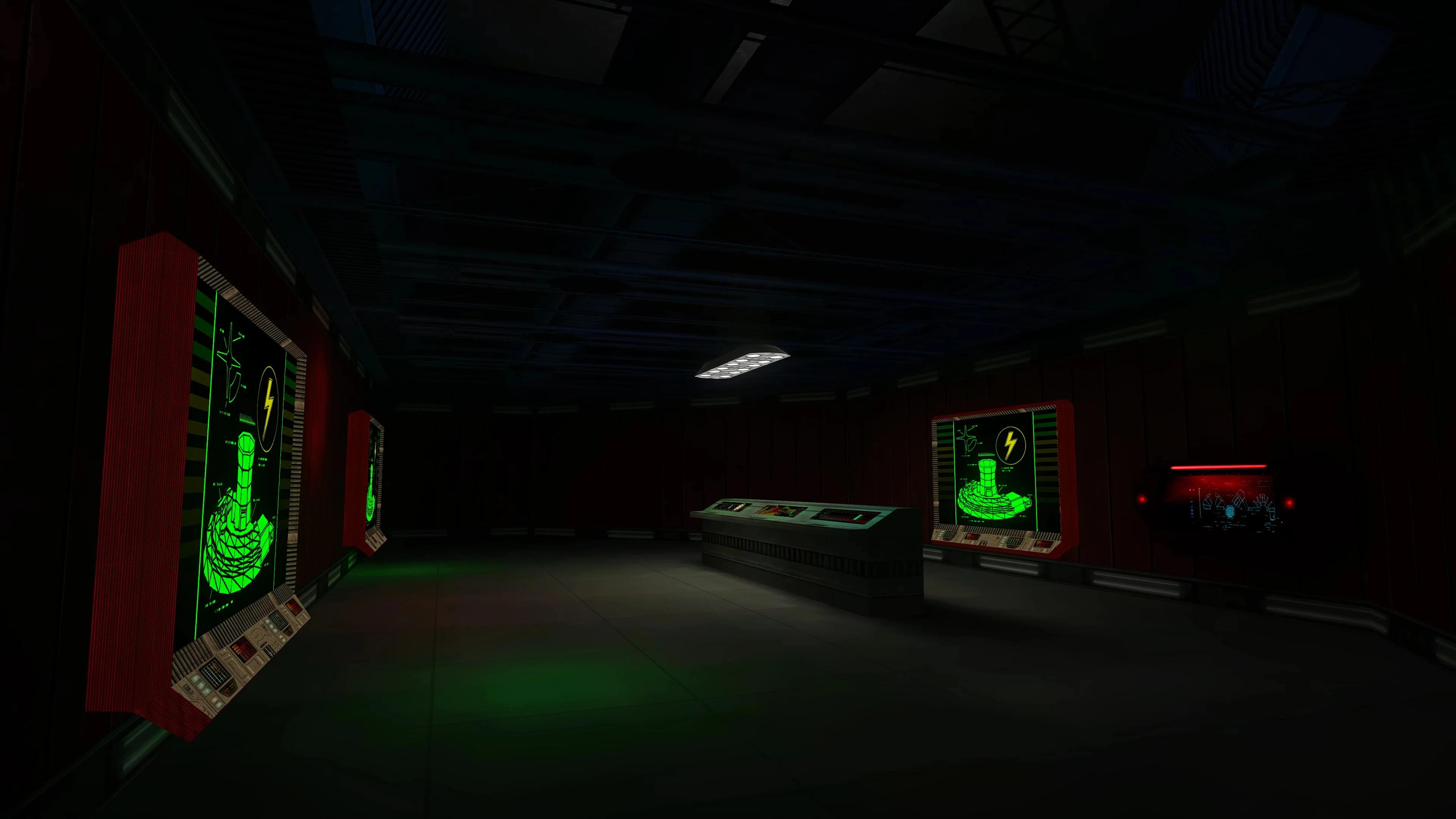 Внутрішній вигляд темного командного центру з підсвіченими зеленими схемами електростанції на стінах та пультом управління