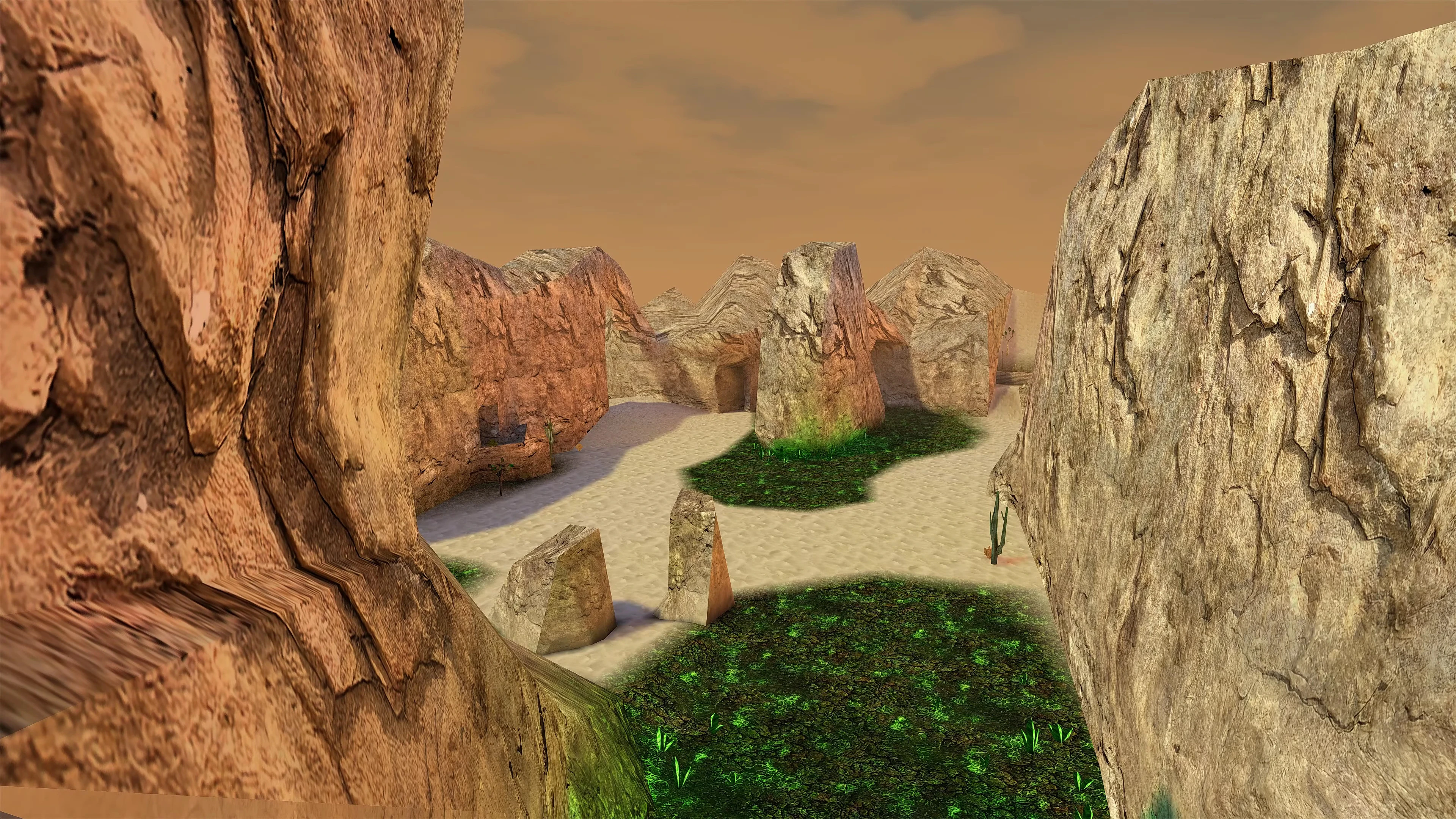 Скелястий пустельний каньйон з піщаними стежками та ділянками зеленого моху у моді RenHD для Command & Conquer Renegade