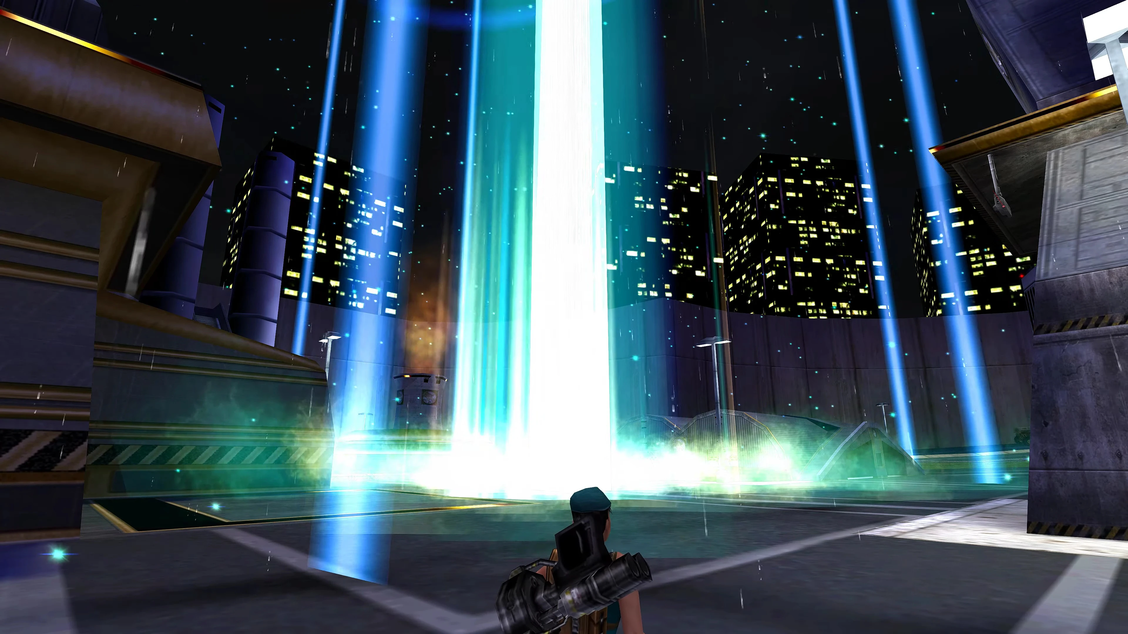 Персонаж гравця стоїть перед яскравим вертикальним блакитним та білим енергетичним променем на фоні міських вогнів у моді RenHD для Command & Conquer Renegade