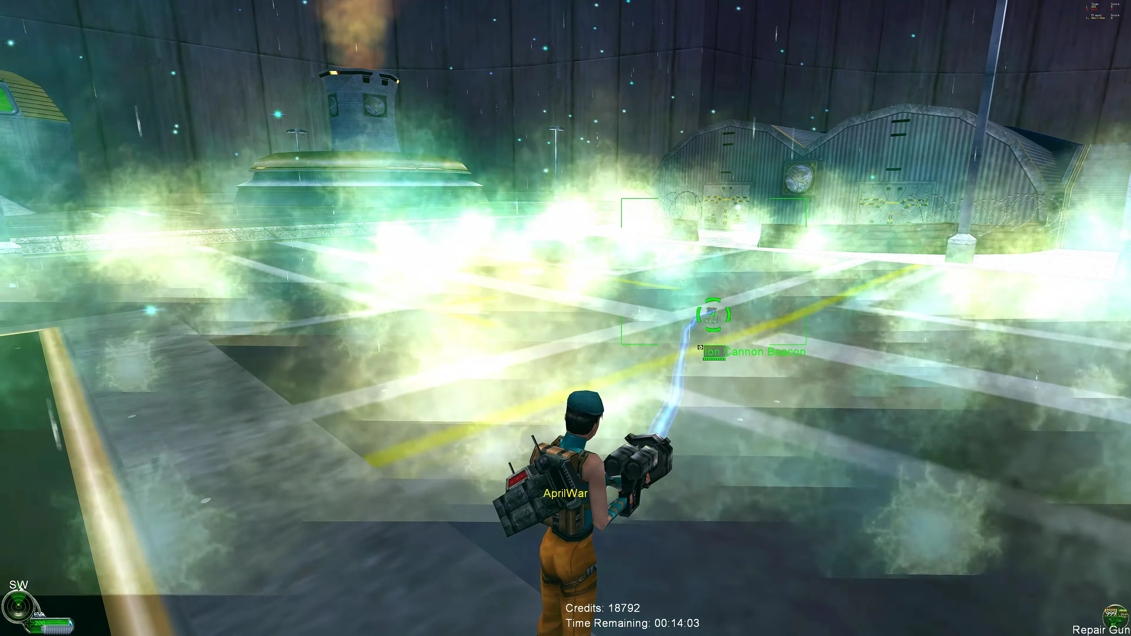 Персонаж гравця з ремонтним знаряддям біля яскравого вибуху іонної гармати в моді RenHD до Command & Conquer Renegade