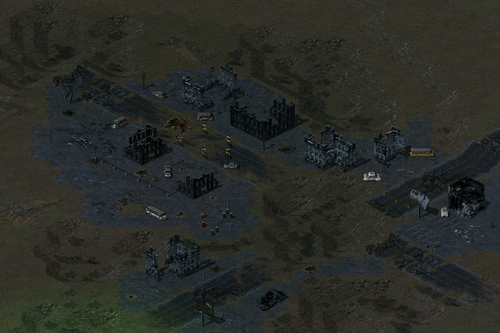 Top-down view of a destroyed cityscape with soldiers and vehicles in Command & Conquer Tiberian Odyssey mod