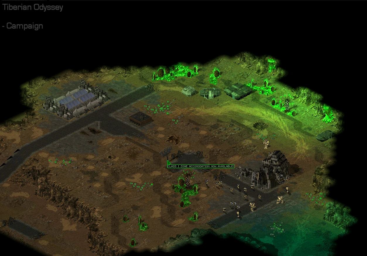 In-game view of a base and units in the C&C Tiberian Odyssey mod campaign for Command & Conquer Tiberian Sun