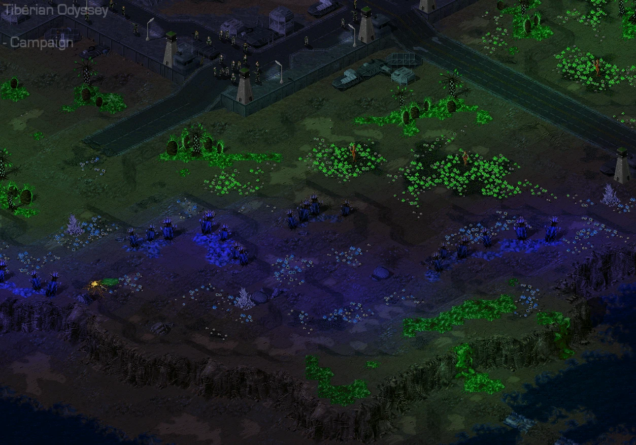 Isometric view of a terrain with green and blue Tiberium fields, watchtowers, and army units near a base in C&C Tiberian Odyssey mod