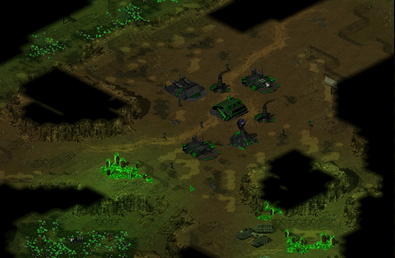 Overhead view of a Nod faction base with buildings and infantry on toxic terrain in C&C Tiberian Odyssey mod