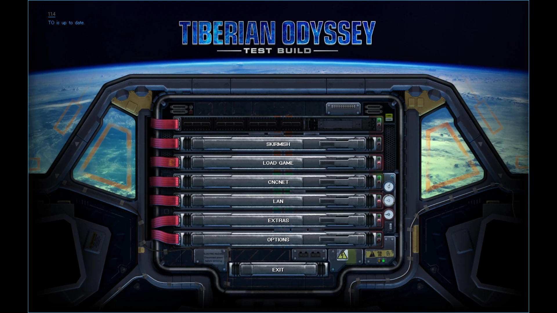 Main menu interface of the Tiberian Odyssey mod showing options like Skirmish, Load Game, CNCNet, LAN, Extras, Options, and Exit with a space background