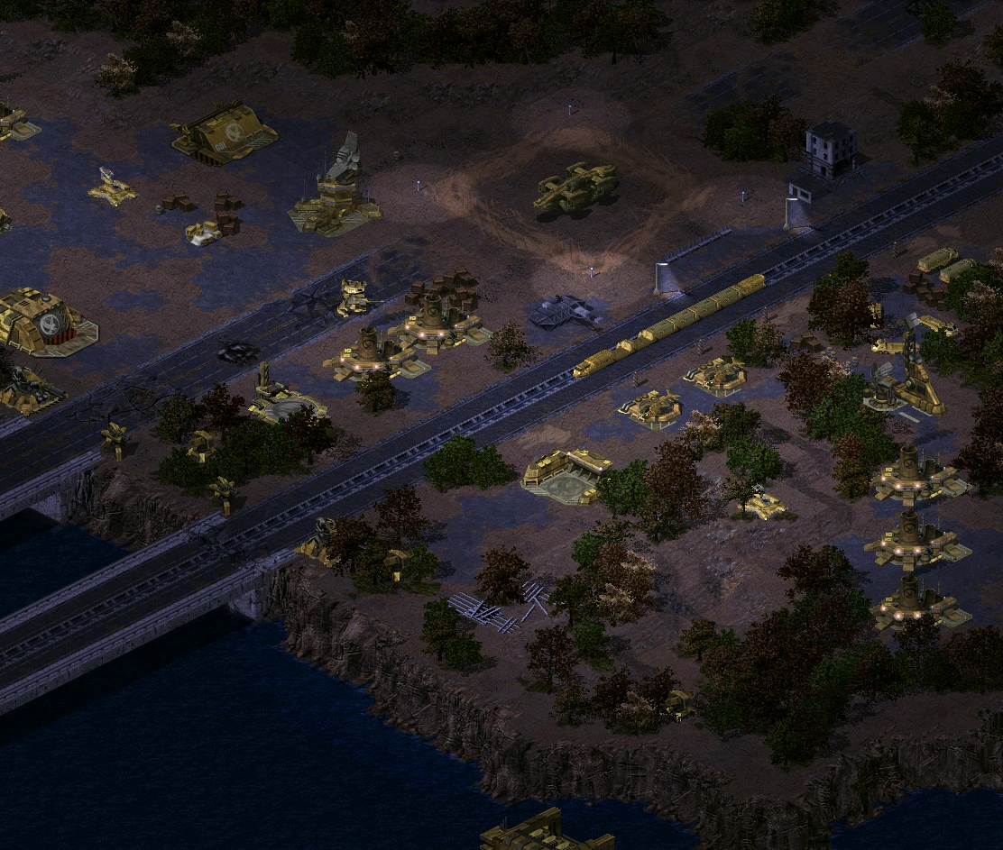 Top-down view of fortified base with turrets, radar, and structures near a water cliff in C&C Tiberian Odyssey mod