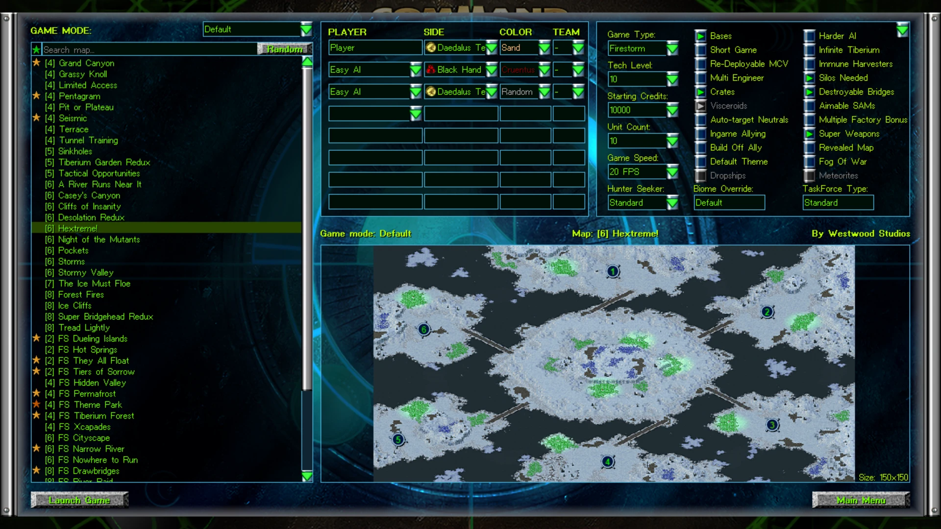 Pantalla de configuración del mod Command & Conquer Tiberian Sun Synthesis mostrando lista de mapas, opciones de jugador y vista previa del mapa Helxtreme nevado