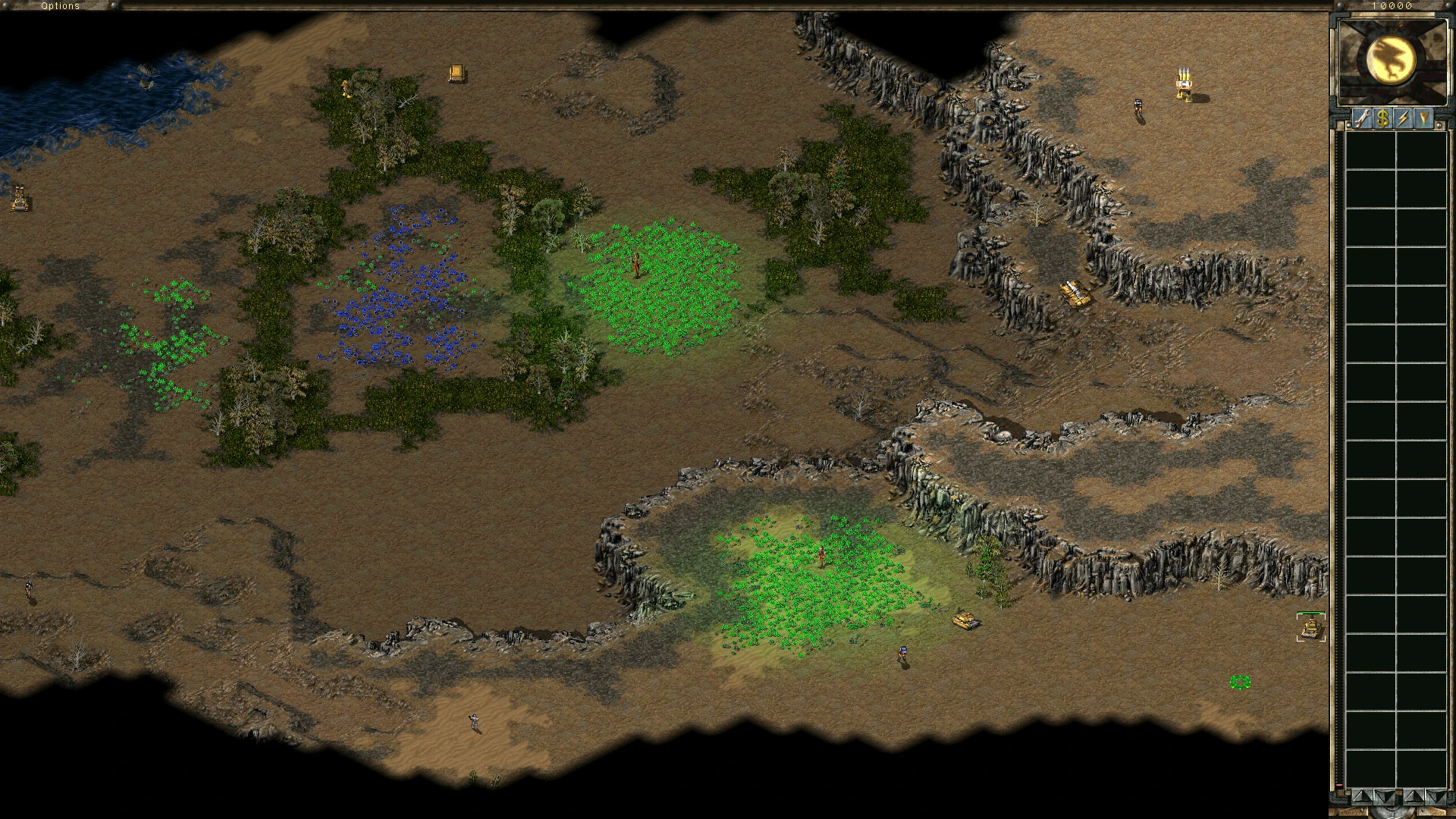 Vista superior de campos de recursos de Tiberio y unidades de infantería en la captura del mod Command & Conquer Tiberian Sun Synthesis