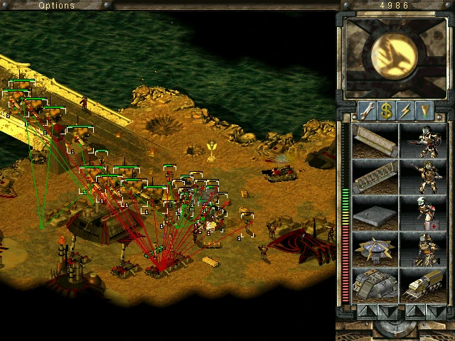 Captura de pantalla de una batalla compleja de infantería y vehículos con líneas de ataque en Command & Conquer Tiberian Sun mod Synthesis