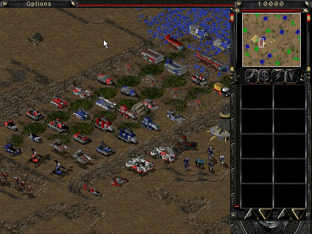 Captura de pantalla con varios vehículos militares e infantería organizados en terreno de batalla con interfaz del mod C&C Tiberian Sun Synthesis
