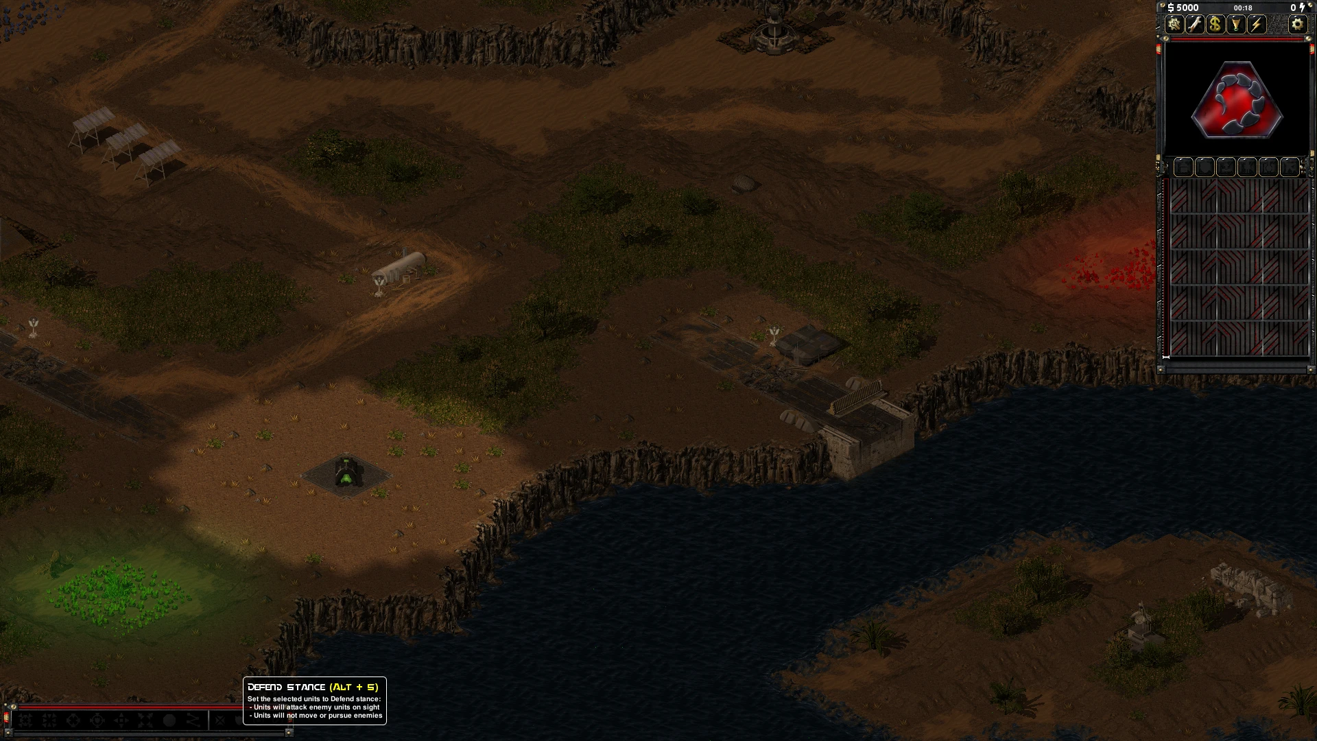 Screenshot des Mods Crystallized Doom für Command & Conquer Tiberian Sun mit Gelände, Fluss und Interface-Panel