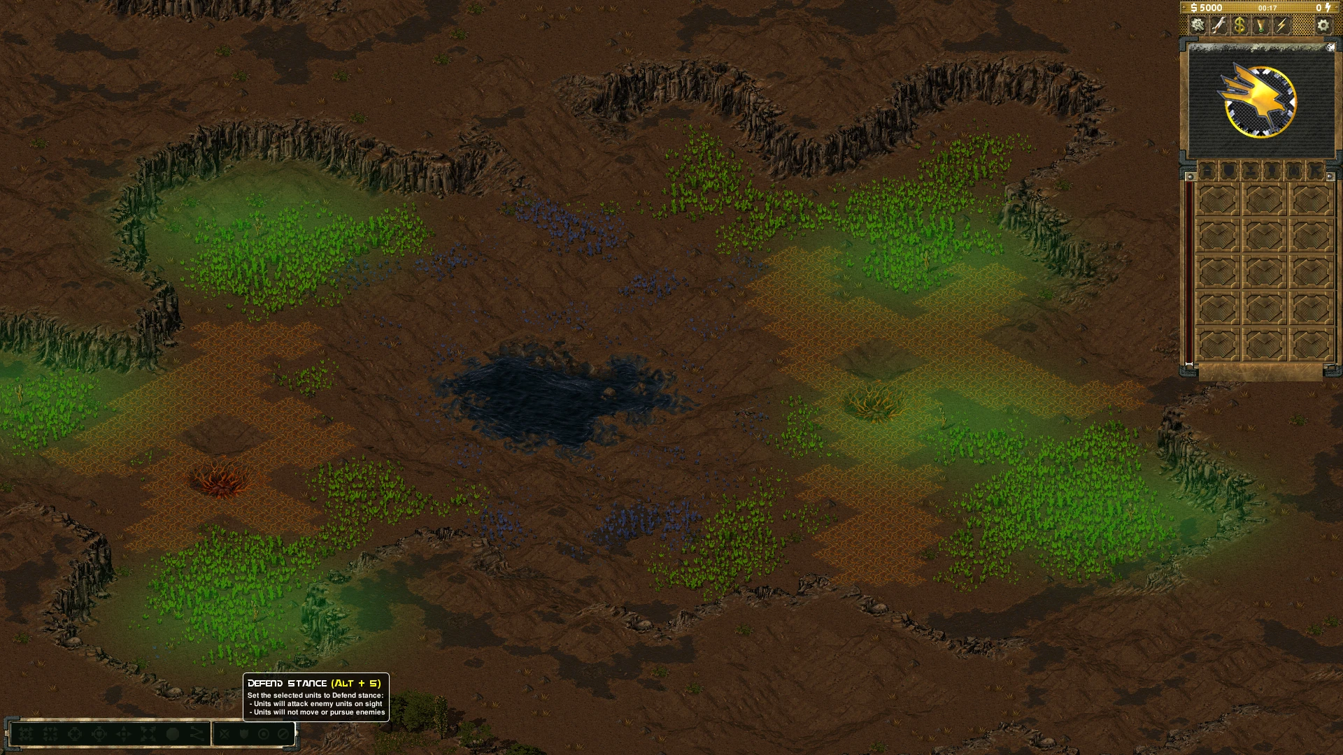 Screenshot des Command & Conquer Tiberian Sun Mods zeigt eine braune Karte mit grünen und violetten Kristallgruppen und einem kleinen Gewässer