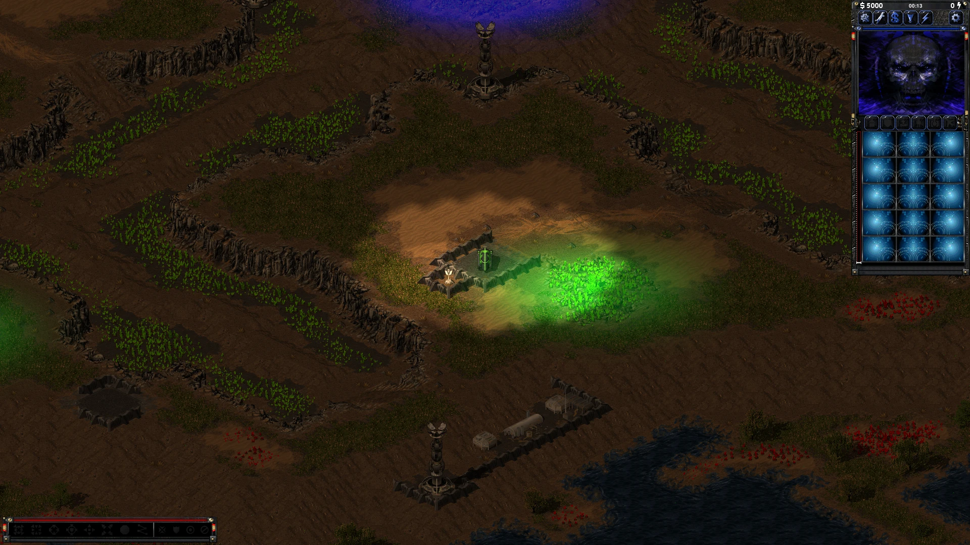 Screenshot zeigt Gelände mit grün leuchtenden Kristallen und taktischen Bauwerken in Command & Conquer: Tiberian Sun Crystallized Doom Mod