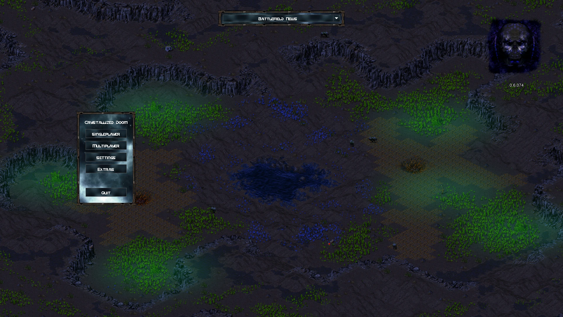 Crystallized Doom Mod-Menü über dunkel außerirdischer Landschaft mit blauen und grünen Kristallen in Command & Conquer Tiberian Sun