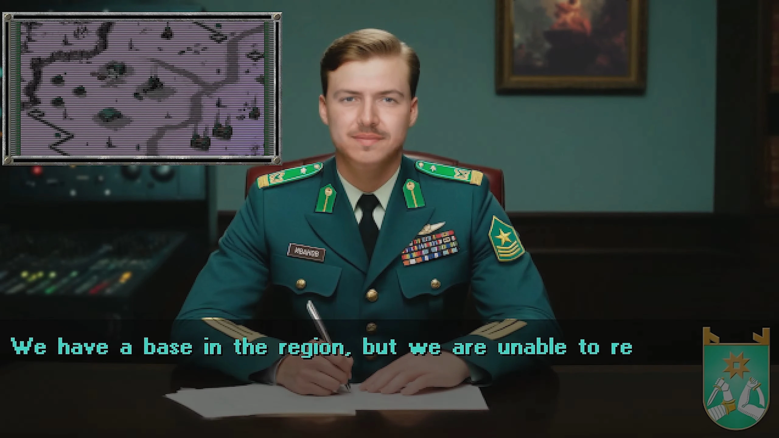 Ein Militäroffizier in grüner Uniform sitzt an einem Schreibtisch mit Karte in der Ecke während eines Briefings im Command & Conquer Tiberian Sun Mod