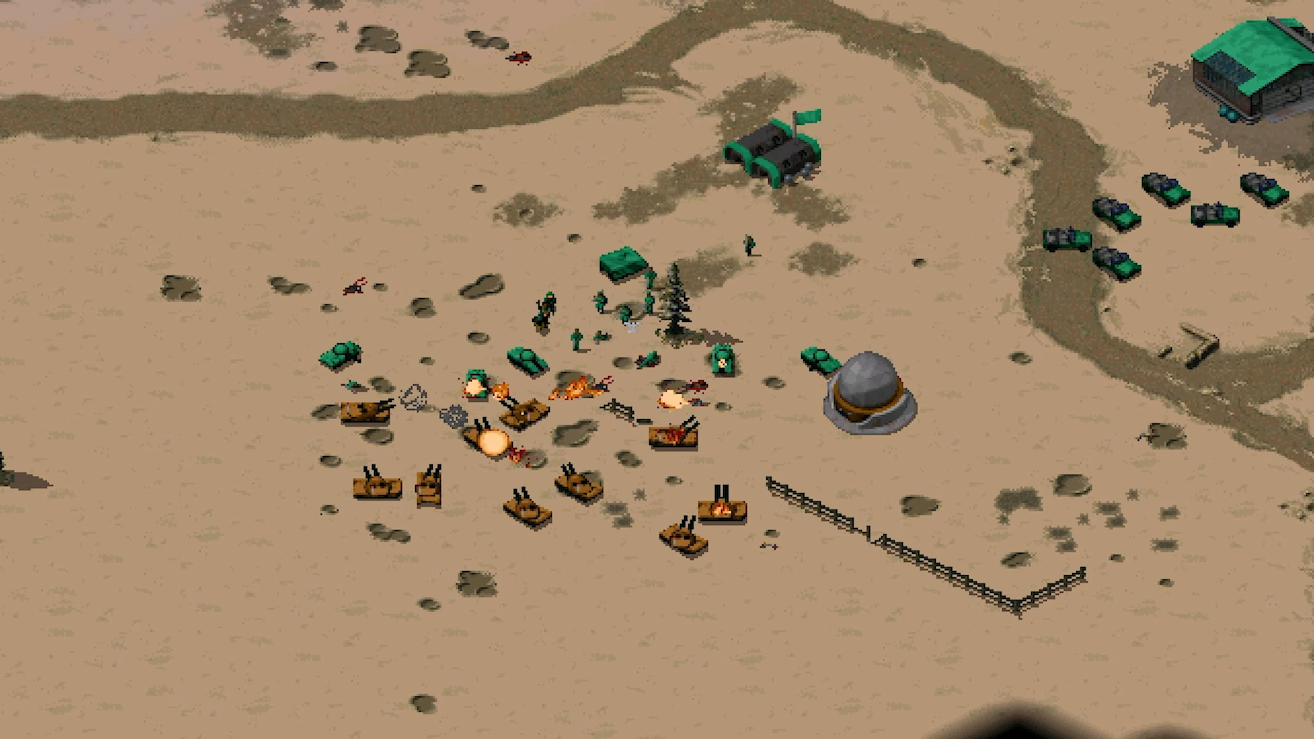 Draufsicht auf ein Wüsten-Schlachtfeld mit Panzern, Infanterieeinheiten, Explosionen und Gebäuden aus dem Dawn of the Tiberium Age Mod