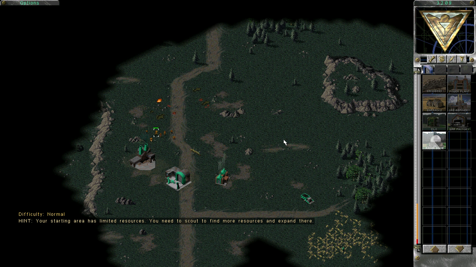 Gameplay-Screenshot zeigt Bau von Gebäuden und Einheiten mit begrenzten Ressourcen und Hinweis auf Ressourcensuche im Dawn of the Tiberium Age Mod