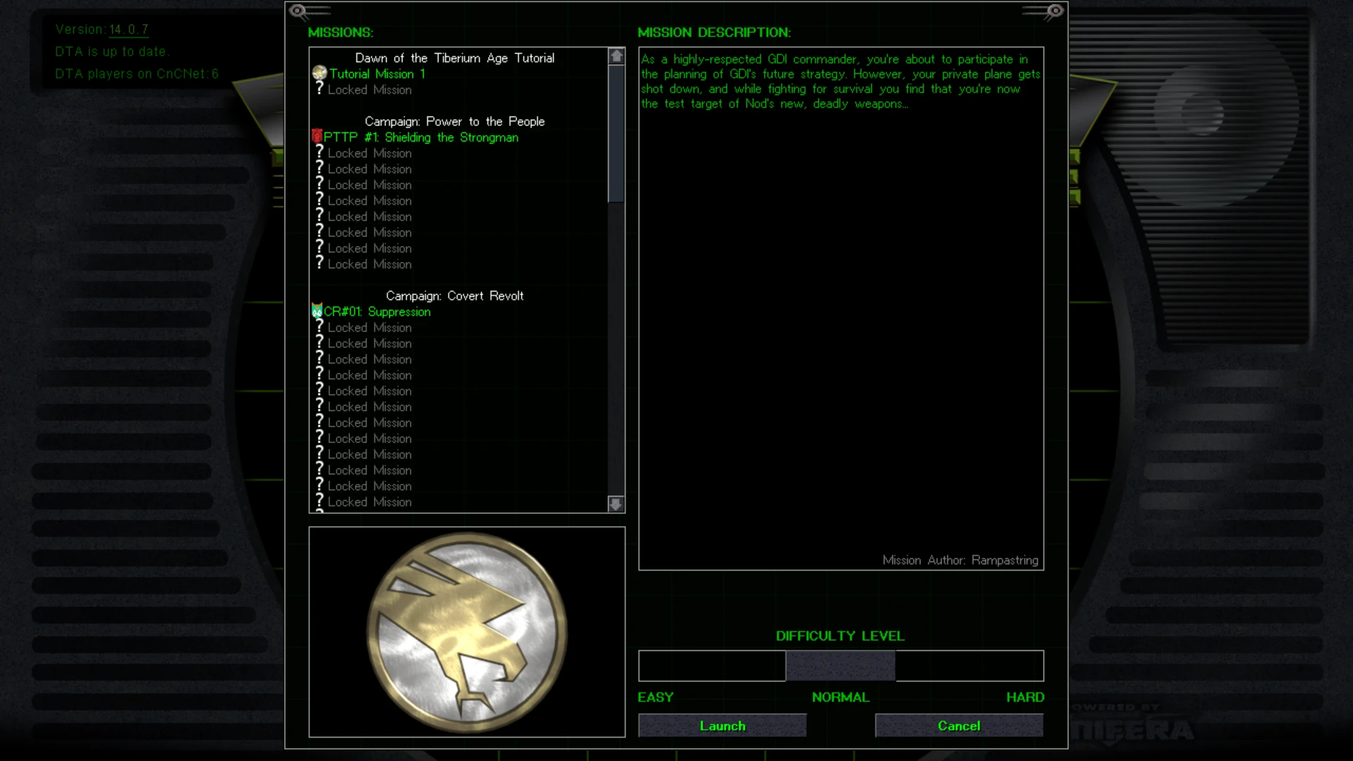 Im Spielmenü wird die Missionsliste, Schwierigkeitsgrad und Beschreibung im Mod Dawn of the Tiberium Age für Command & Conquer Tiberian Sun angezeigt