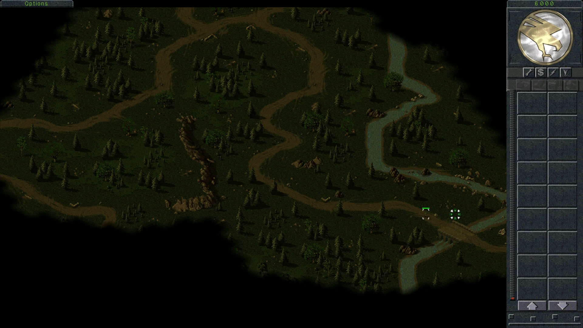 Screenshot der taktischen Ingame-Karte mit Straßen, Wäldern und Fluss im Dawn of the Tiberium Age Mod