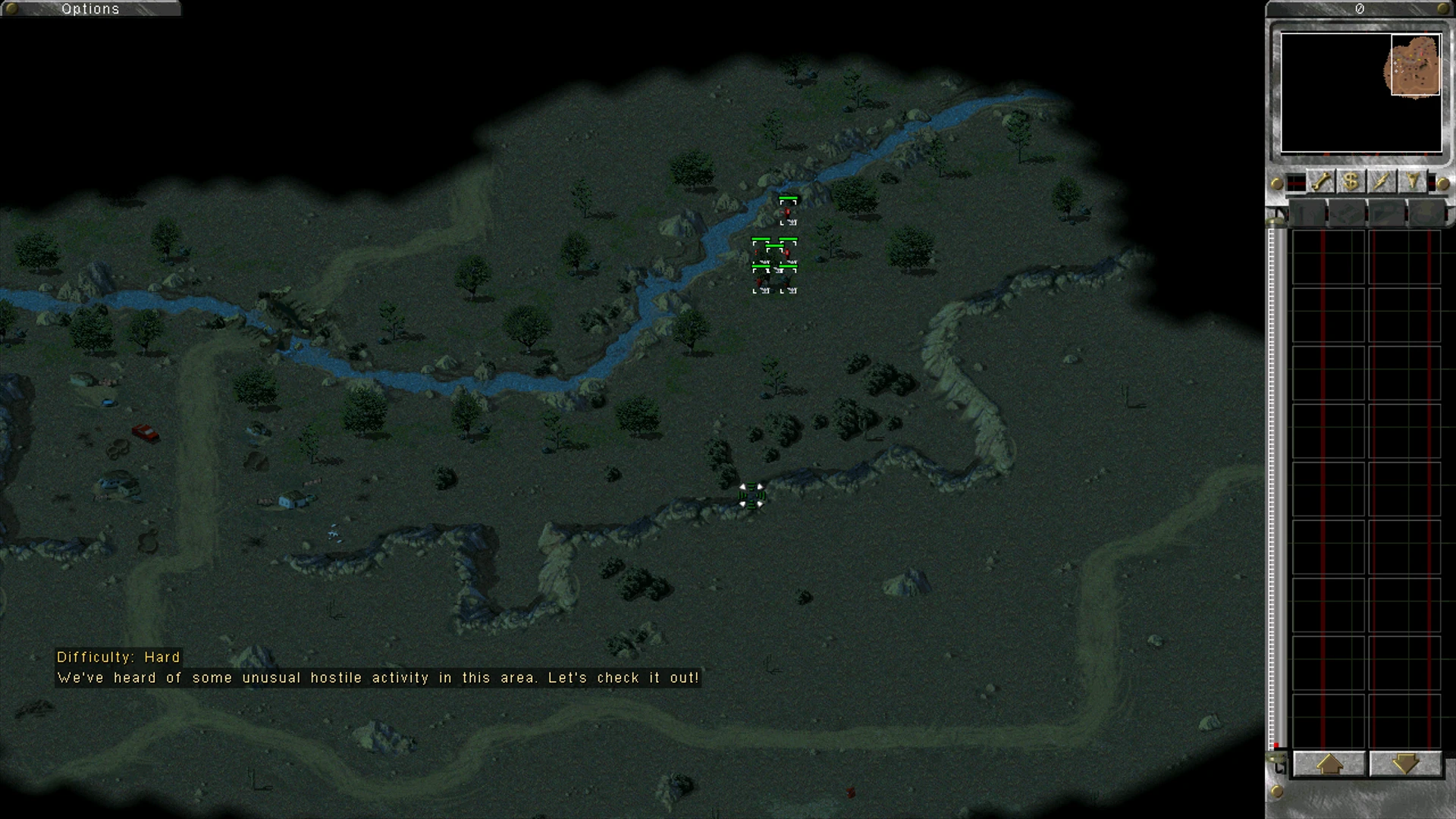 Draufsicht auf Gelände mit Einheiten und Fluss, der ungewöhnliche feindliche Aktivität im Dawn of the Tiberium Age Mod anzeigt