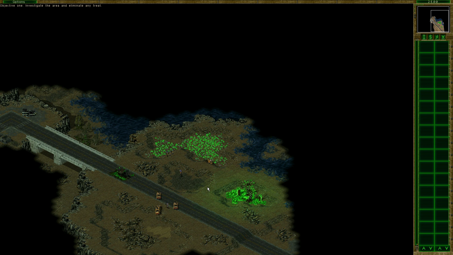 Ігровий екран місії мода Command & Conquer Tiberian Sun із солдатами біля моста та світною зеленою токсичною територією