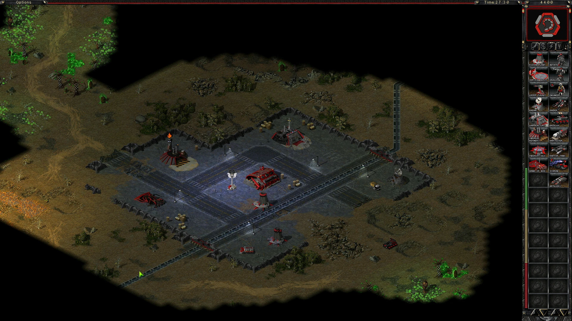 Spielbildschirm zeigt eine befestigte Basis mit verschiedenen Gebäuden und Einheiten im Mod The Second Tiberium War für Command & Conquer: Tiberian Sun