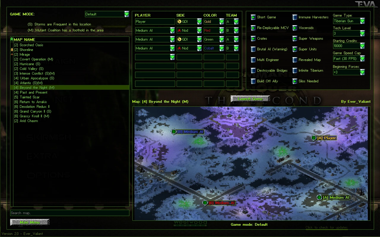 Karten- und Spieloptionen-Auswahlbildschirm des The Second Tiberium War Mods in Command & Conquer Tiberian Sun mit Spielerfarben und Teams